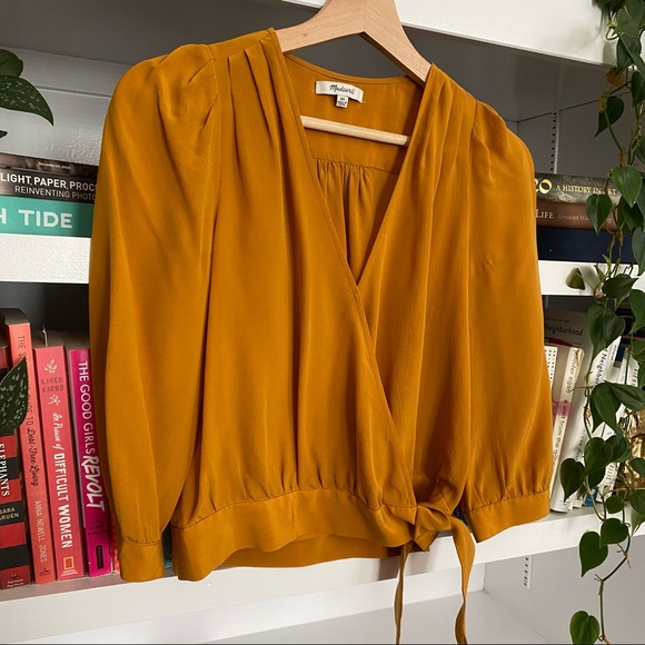 SOLD - Madewell Mustard Wrap Blouse 100% Silk - Picture 4 of 9